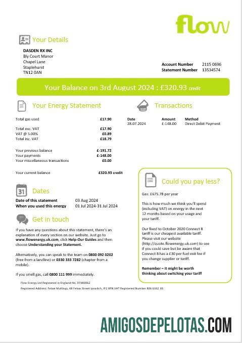 imprimível Modelo de conta de serviços públicos de energia de fluxo do Reino Unido em formatos Word e PDF